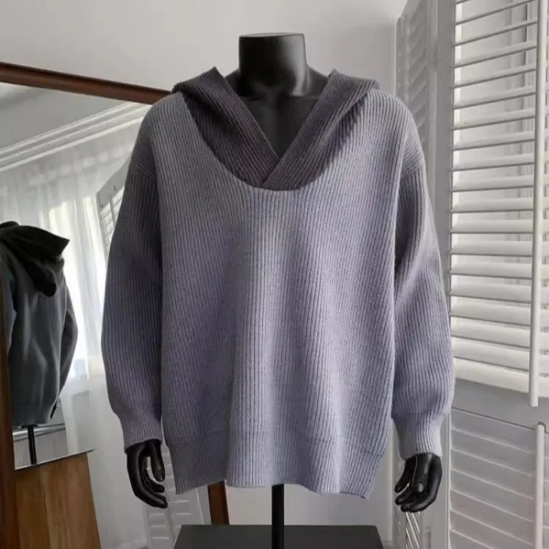 

Осень-зима, большой размер 3 кг, вязаный свитер с капюшоном и V-образным вырезом, мужской базовый слой, цветной блуз, повседневный свитер из полиэфирного волокна