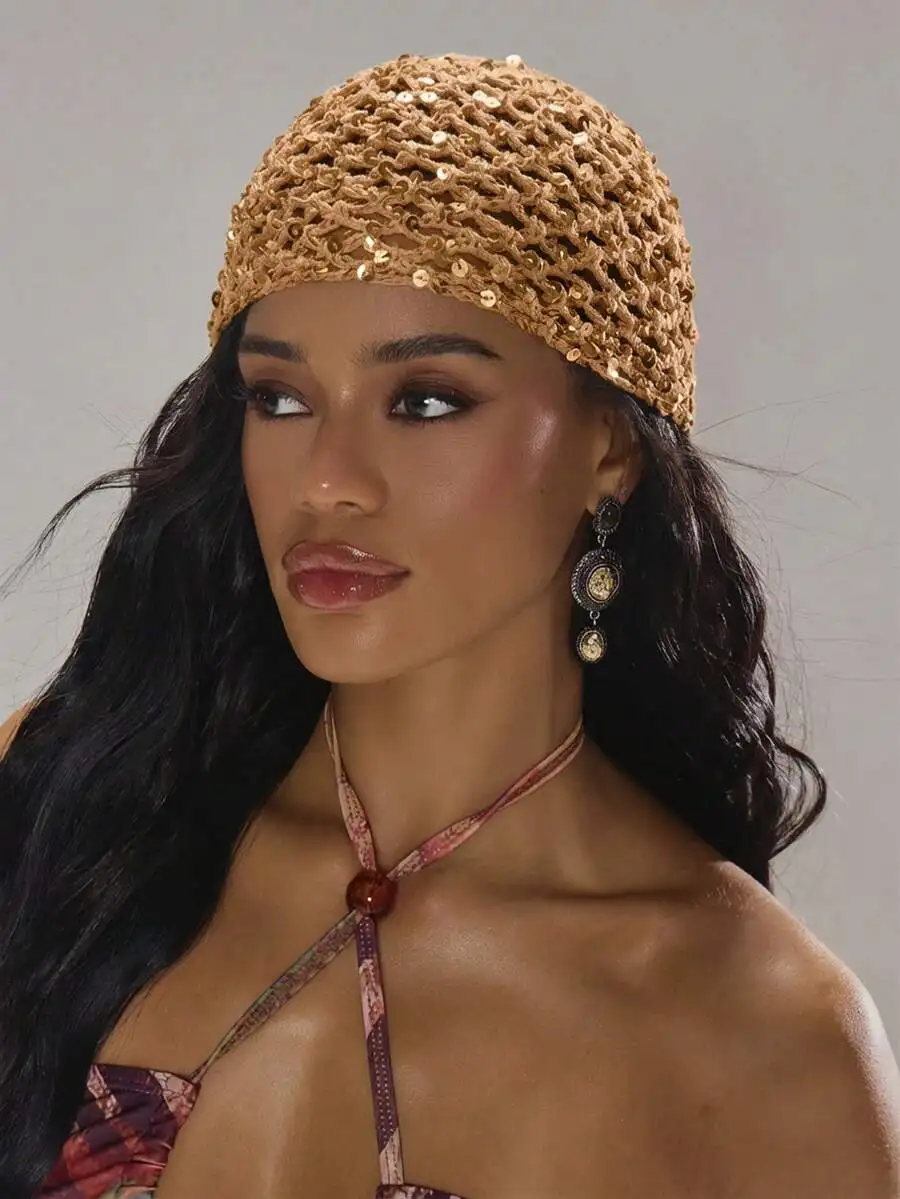 Crochet Sequin Tie Headscarf Spring Summer Beach Swim Festival Vacation Cute Daily