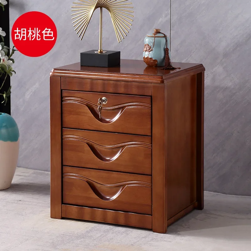 Modern New Solid Wood Nightstands Table Lockers With Lock Simple And Large Capacity Walnut Three Bucket Draw Layer Edge
