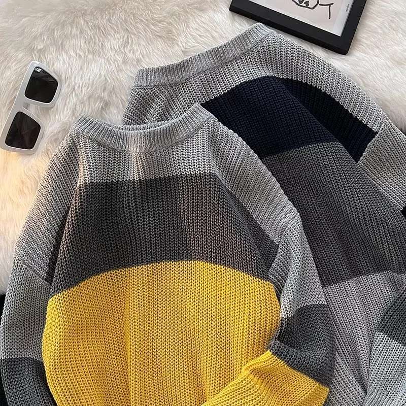 

Ретро-японский полосатый свитер с круглым вырезом, свободный вязаный свитер для мужчин, осенне-зимний, повседневный, модный, молодежный, стильный.