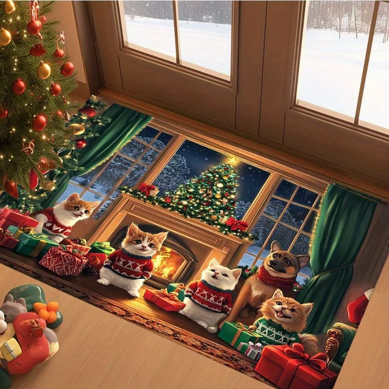 VIKAMA Cute Pet Xmas Large Rug,Anti‑Slip Indoor Mat,Cozy Cats Dogs Fireplace Winter Window Print Carpet for Bedroom Festival Rug