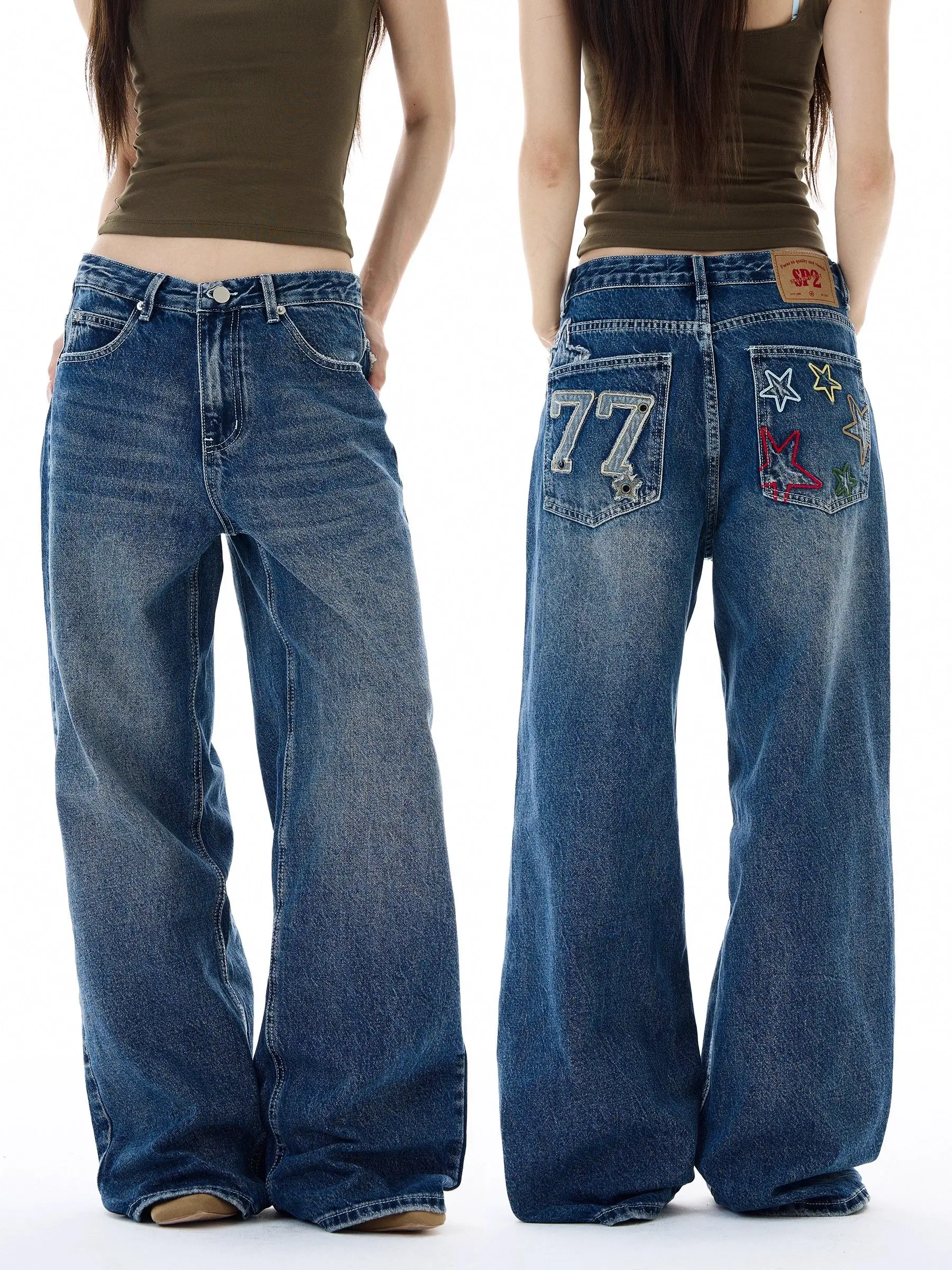 

Women's Blue Cargo Baggy Jeans Star Y2K Japanese Harajuku 90S High Street Aesthetic 2000s Wide Leg Denim Pants Clothing 2025 New