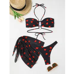 Conjunto de Bikini con estampado de corazón para mujer, traje de baño Bandeau con falda, Tanga, ropa de baño para playa, Bikini Push-Up 2024, paquete de 3