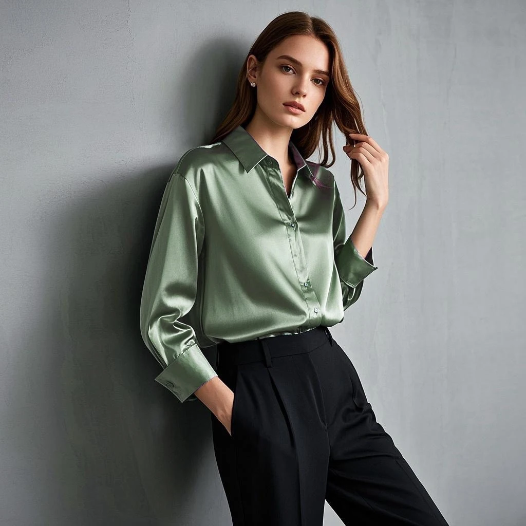 Koreanische schicke Bürodamen-Satin-Hemden, passende elegante weibliche Bluse, 2025, Sommer, neu in Damen-Hemden und Blusen, Trend-Tops – Detail 8
