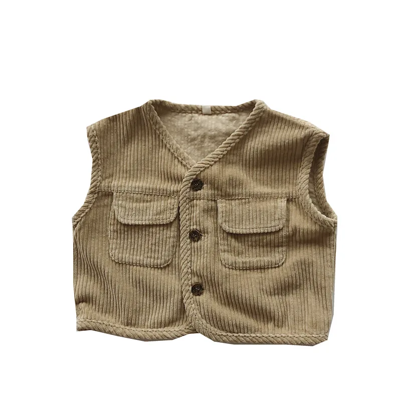 Spring Autumn 1-6T Baby Boys Corduroy Tank Tops Button Pocket Sleeveless Solid Toddler Boys Coat Children Boys Waistcoat