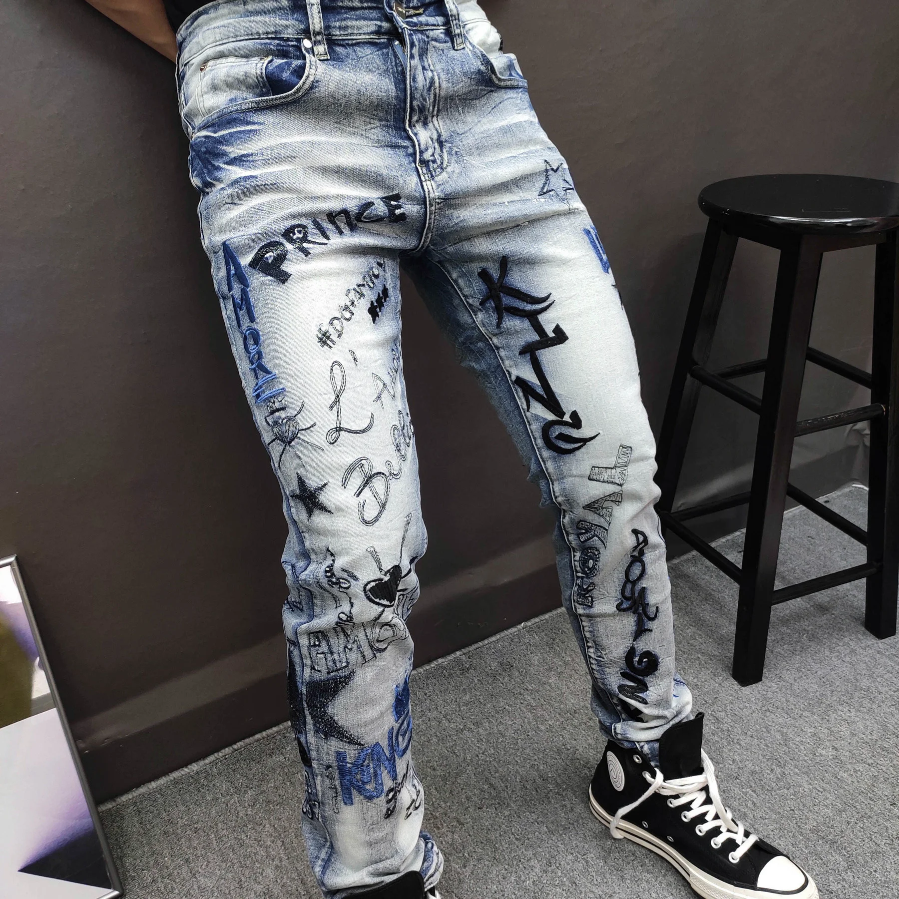 Embroidery Jean Homme Full Slim Elastic Beggar Pant Men Blue Jean Moda Hombre 2023 Men Fashion Brand Straight Erkek Kot Pantolon