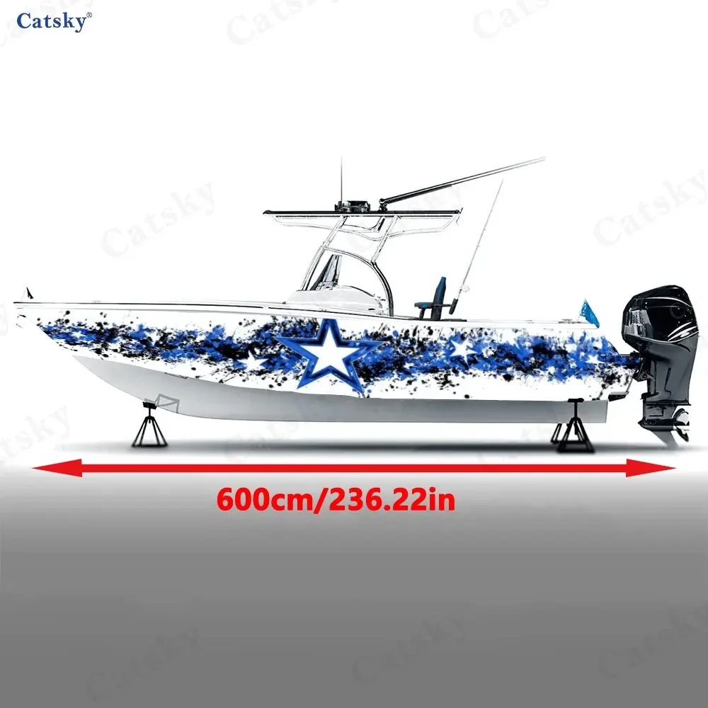 2Pcs Bold Blue & White Star Boat Wrap, PVC Waterproof Durable Vinyl Wrap Decals for Fishing Boats, Durable and Stylish Design