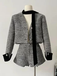 Bright Silk Woolen Fabric Elegant Fashion Korean Style 2024 Autumn New V-Neck Short Jacket Coat + High Waist A-line Shorts Suit