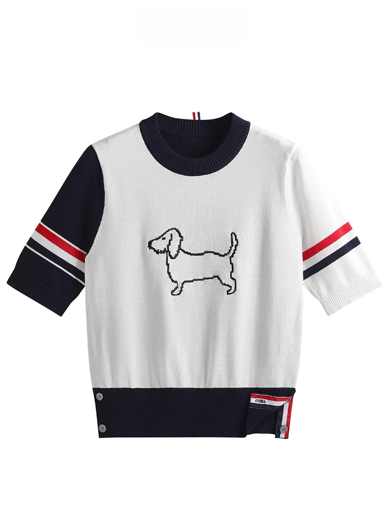 

MISUN контрастного цвета с вышивкой, двойной све, круглый трикотаж Ne, свободная футболка ort Sve, женский летний облегающий топ