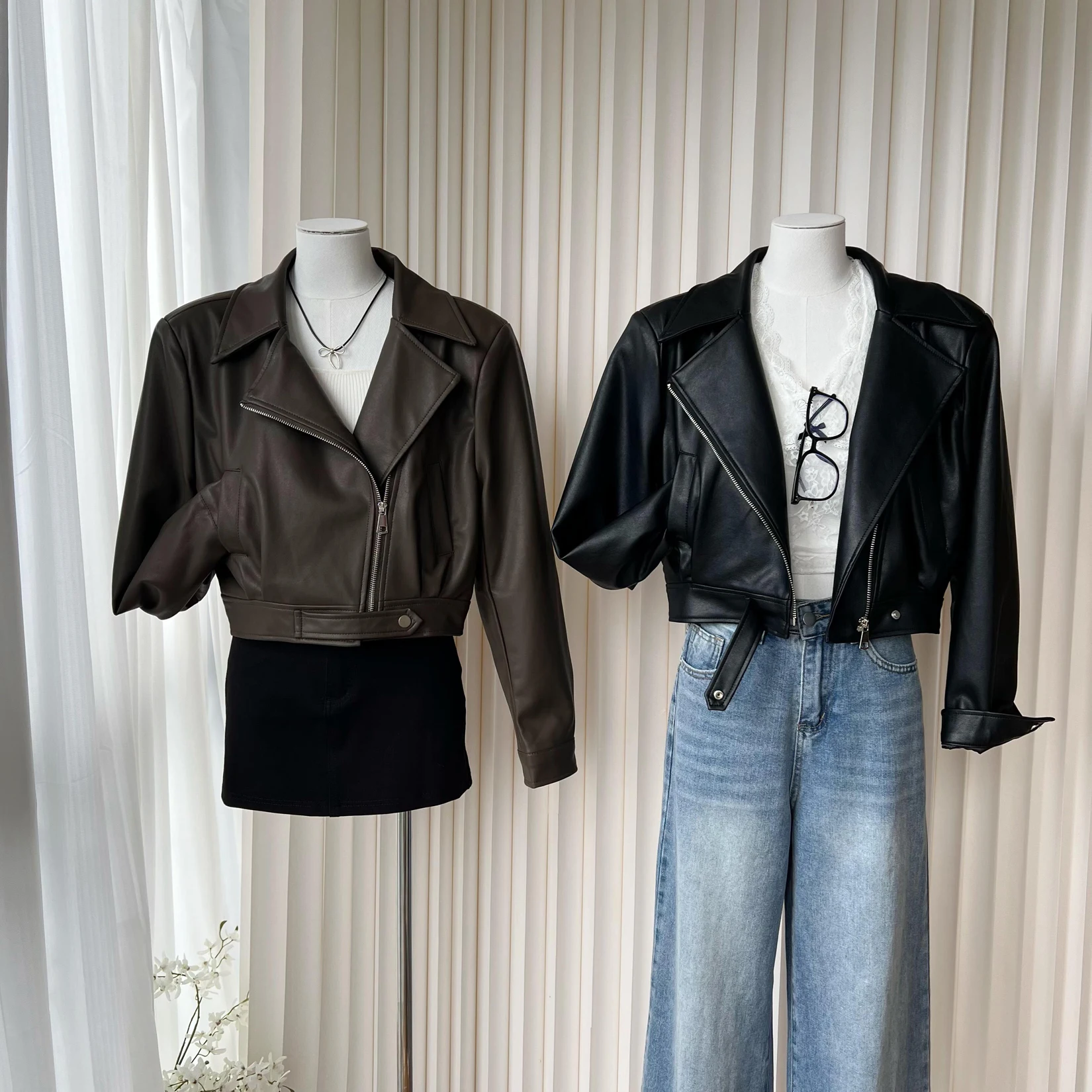 

Women's Autumn Winter Chic Pu Leather Long Sleeve Loose Pu Leather Short Jacket Lady Motorcycle Zip Up Faux Leather Outwear