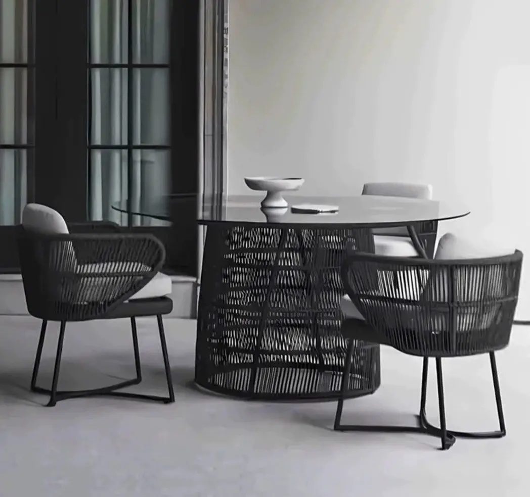 

！@Dwoo 4 Pieces Outdoor Garden Dining Table Set Aluminum Frame All Weather Waterproof Patio Table Chair Dining Set
