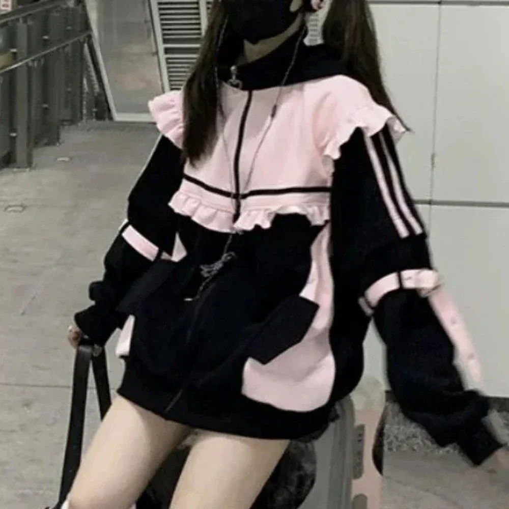 

Contrast Color Japanese Kawaii Hoodies Women Ruffled Patchwork Loose Sweatshirt Harajuku Zipper Y2k Aesthetic Casual Hoody Coat