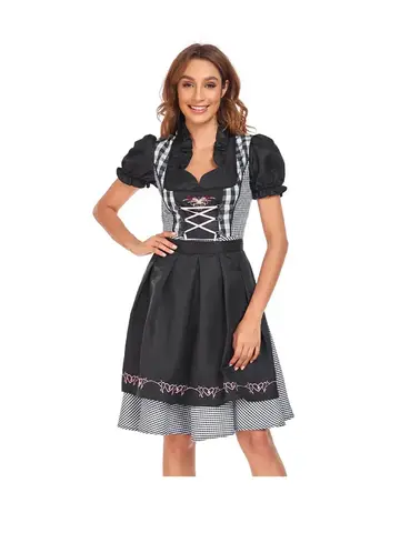 독일 바이에른 전통 맥주 렌치 메이드 세트, 여성용 블랙 격자 무늬 Dirndl 원피스, 바바리아 옥토버 페스트 코스프레 원피스