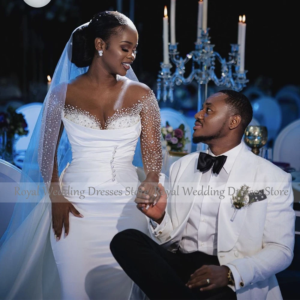 Vestido de novia de lujo con perlas de ilusión de tren desmontable, vestidos de novia de manga larga, vestidos de novia africanos de sirena de satén blanco