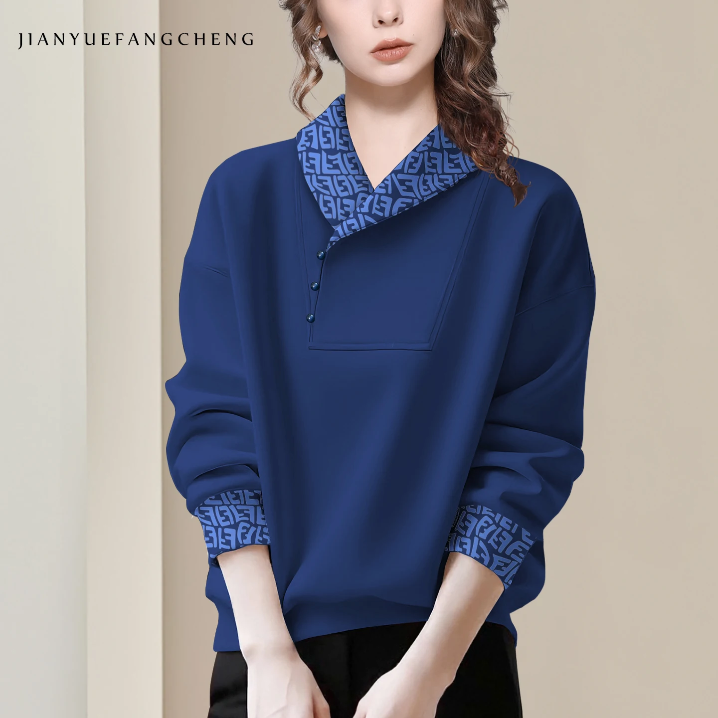 

Модный женский синий хлопковый свитшот с воротником с лацканами, свободные пуловеры с длинными рукавами, осень 2022, новый повседневный спортивный ветрозащитный топ