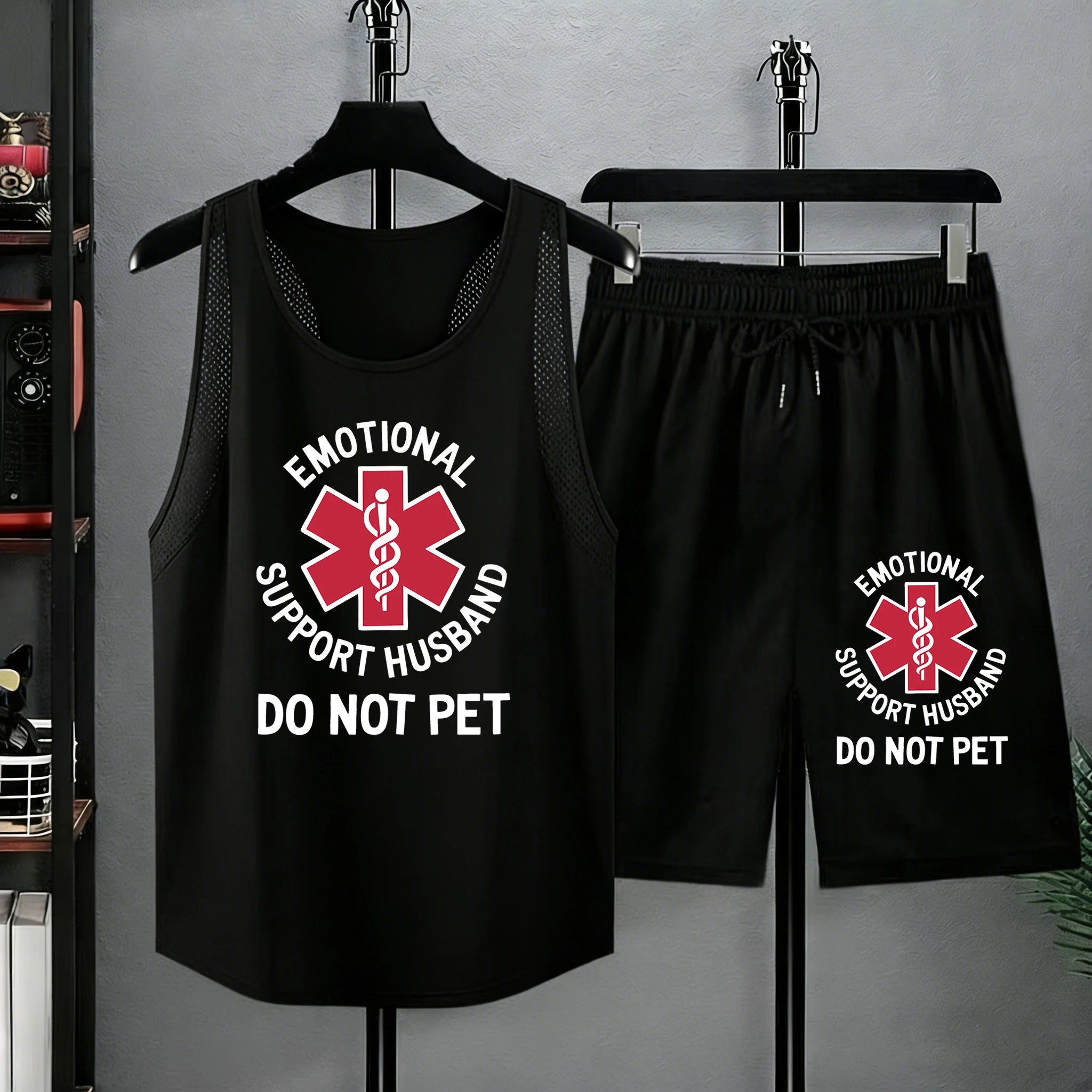 

Emotional Support Husband Do Not Pet Prints Summer Men Sport Breathable Vest&Shorts Suit Loose Simple Bottom Fashion Cool Tee