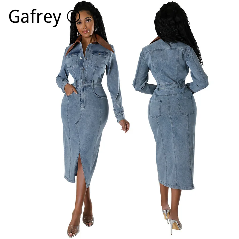 

Women New Denim Patchwork Long Sleeve High Split Midi Dress Casual Fashion Elegant Streetwear Outfit