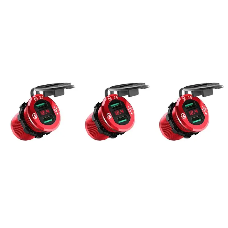 AEA6-3X Quick Charge 3.0 USB Socket,12V/24V Dual USB Car Power Outlet Waterproof Cigarette Lighter With LED Voltmeter