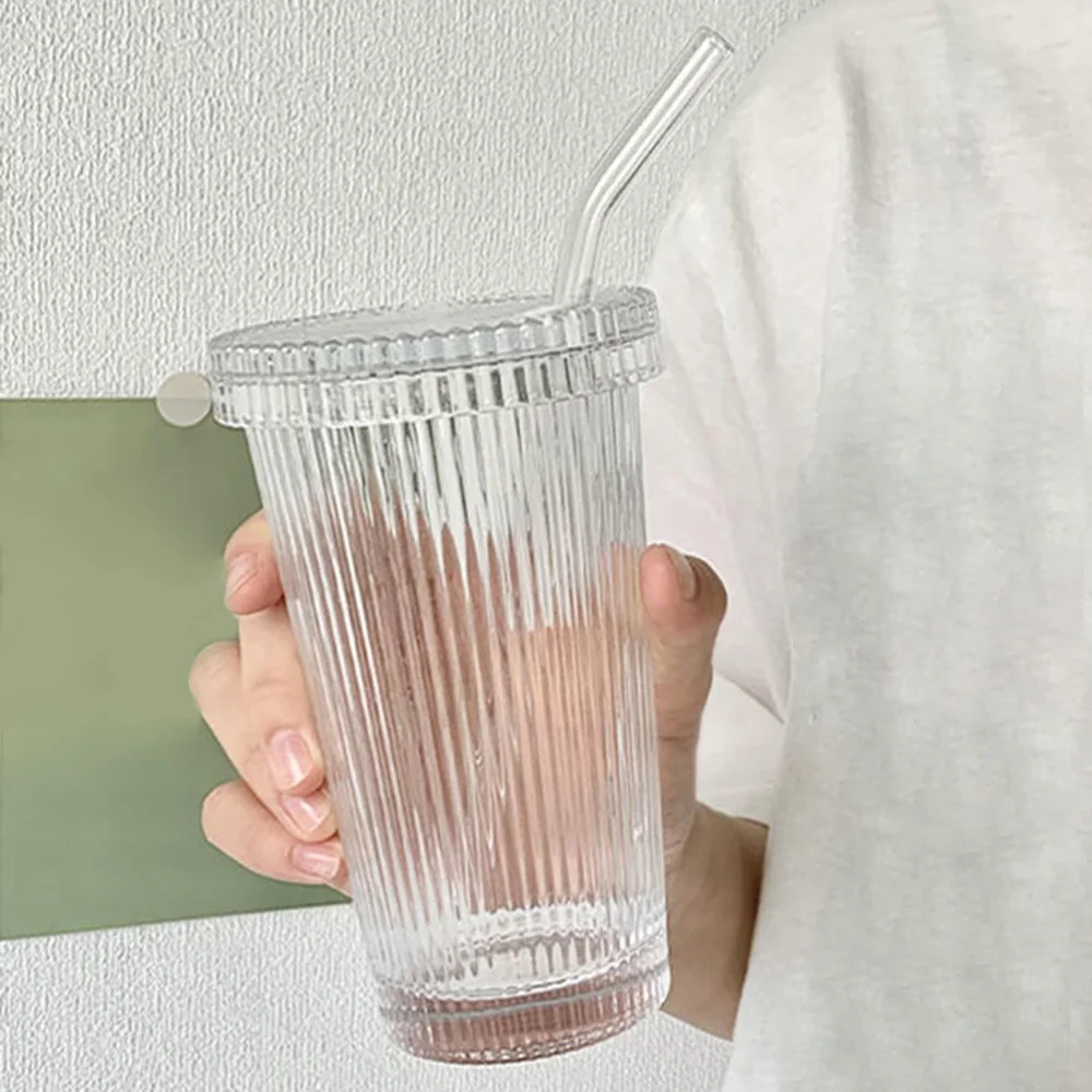 375Ml Simple Stripe Glass Cup With Lid and Straw Transparent Bubble Tea Cup Juice Glass Beer Can Milk Mocha Cups Breakfast Mug image 4