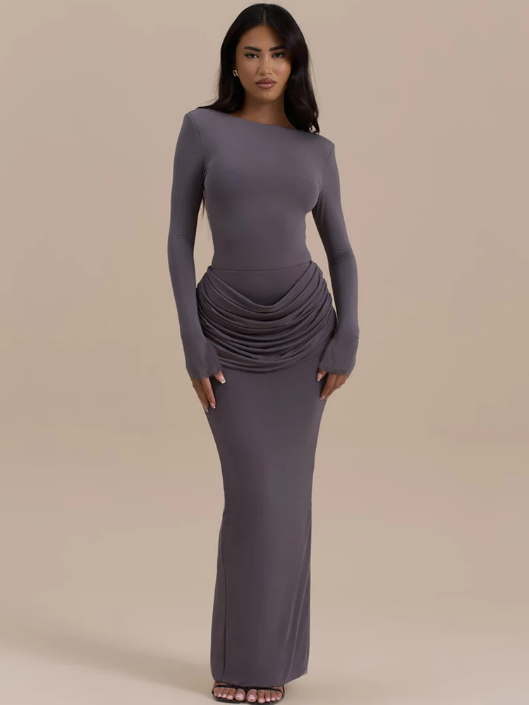 

Mozision Long Sleeve Ruched Sexy Maxi Dress For Women Gown Autumn Winter New O Neck High Waist Bodycon Club Party Long Dresses