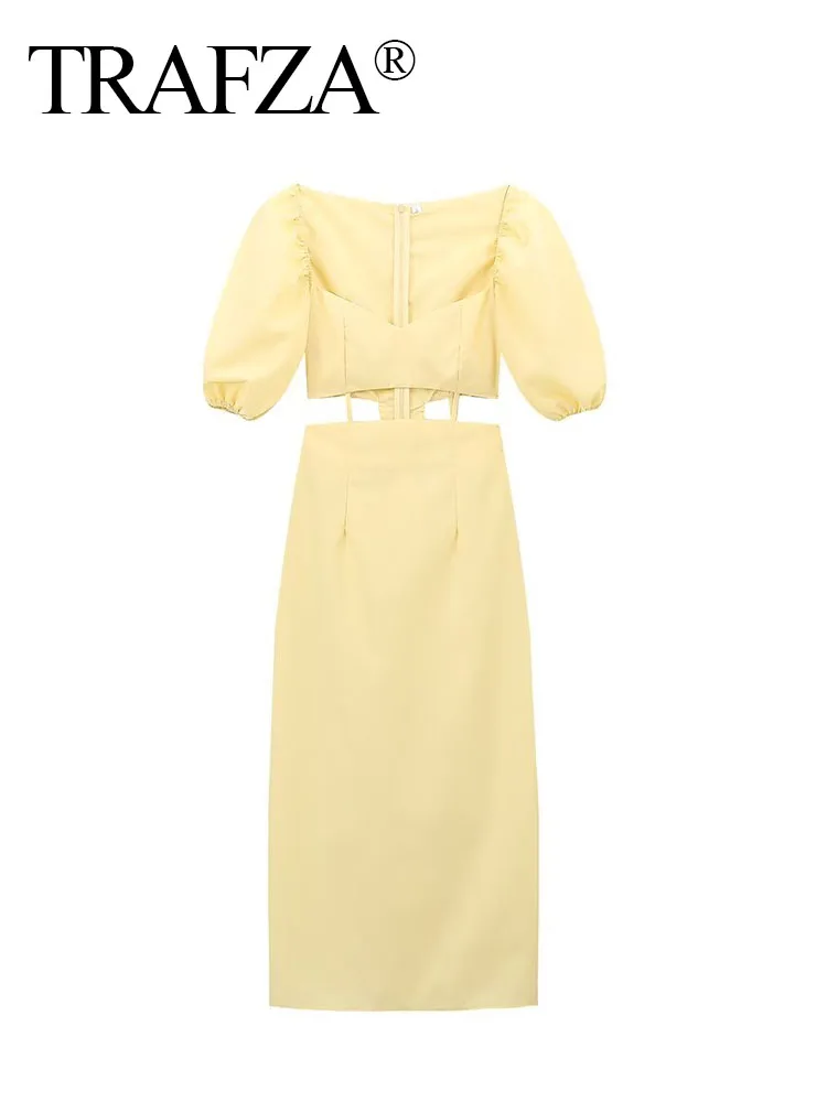 TRAFZA 2024 Summer Women Fashion Yellow Dress Puff Sleeves Long Dresses Female Waist Hollow Out Vintage Woman Evening Dress