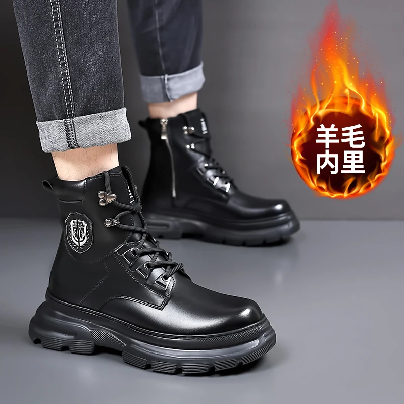 Thick Soled Ankle Boots Men Made Genuine Leather Wool Cotton Shoes Thickened Large Cotton Fleece Increased Height Lightweight