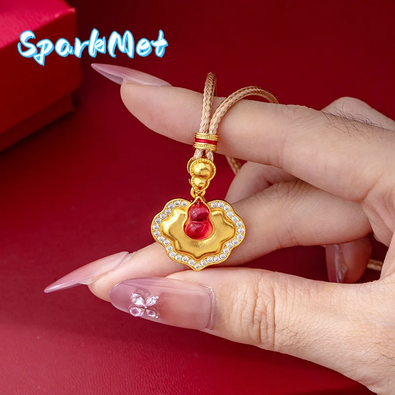 

Sparkmet Red Green Jade-Like Ruyi Pendant Women's 24K Gold AU999 - Sturdy and smooth hanging loop, suitable for necklaces, free-