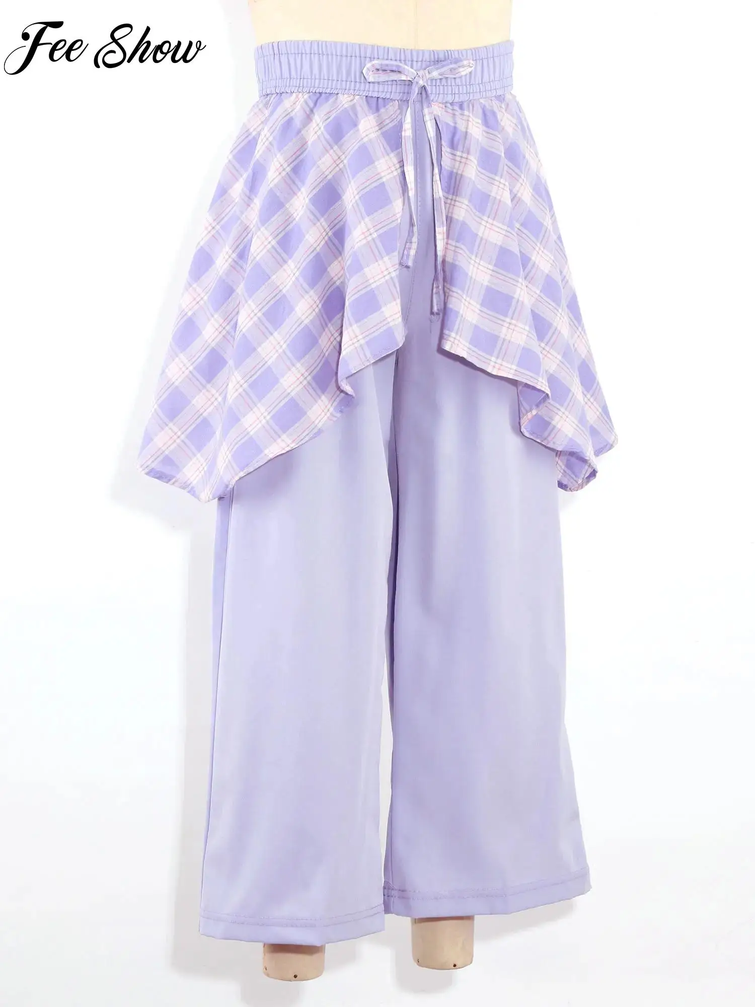 Pantaloni a gamba larga in seta ghiaccio a quadri con effetto due pezzi per ragazze, con elastico in vita, ideali per tutti i giorni, scuola, casual, street style, estate