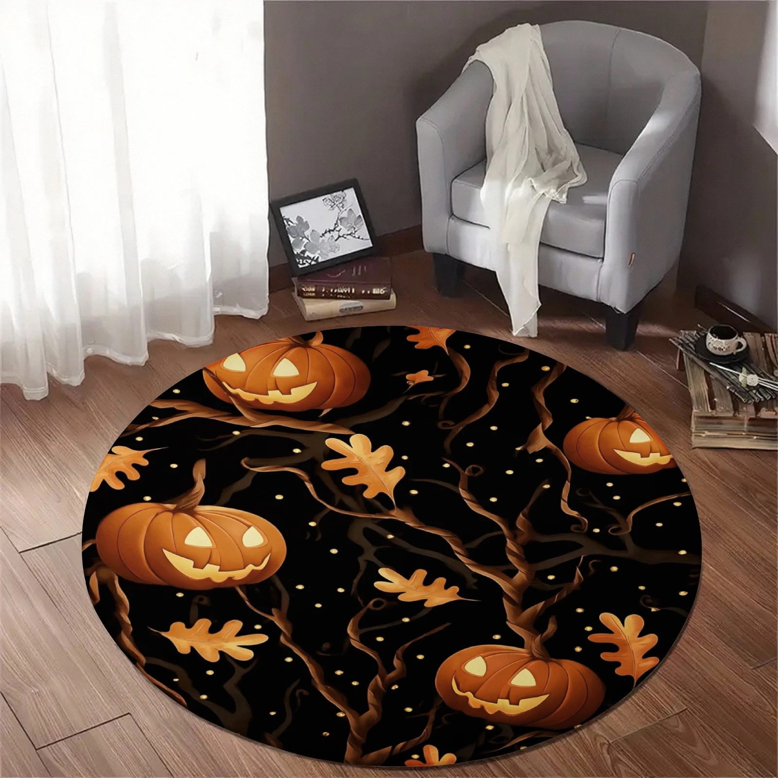 Halloween Round Rug, Plush Floor Mat, Pumpkin Skull Print, Nonslip Mat, Indoor Outdoor, Festival Entrance Decor Multiple Sizes