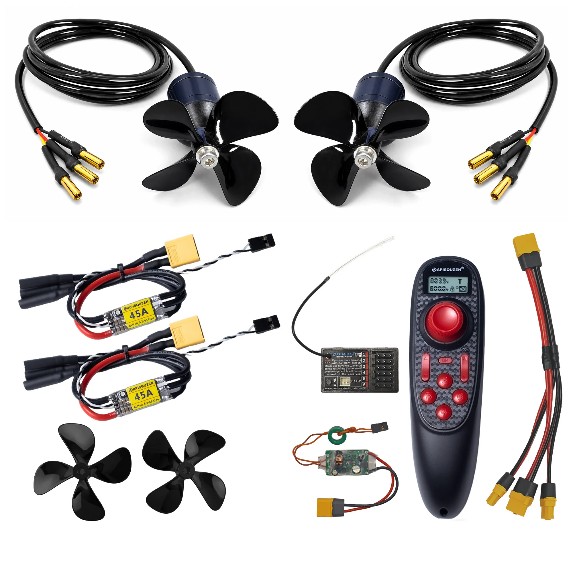 ApisQueen X1 Dual Underwater Thruster Kit, 2.2kg/4.85lb Combined Thrust,250KV Brushless Motors for RC Boat ROV Kayak DIY,12–24V