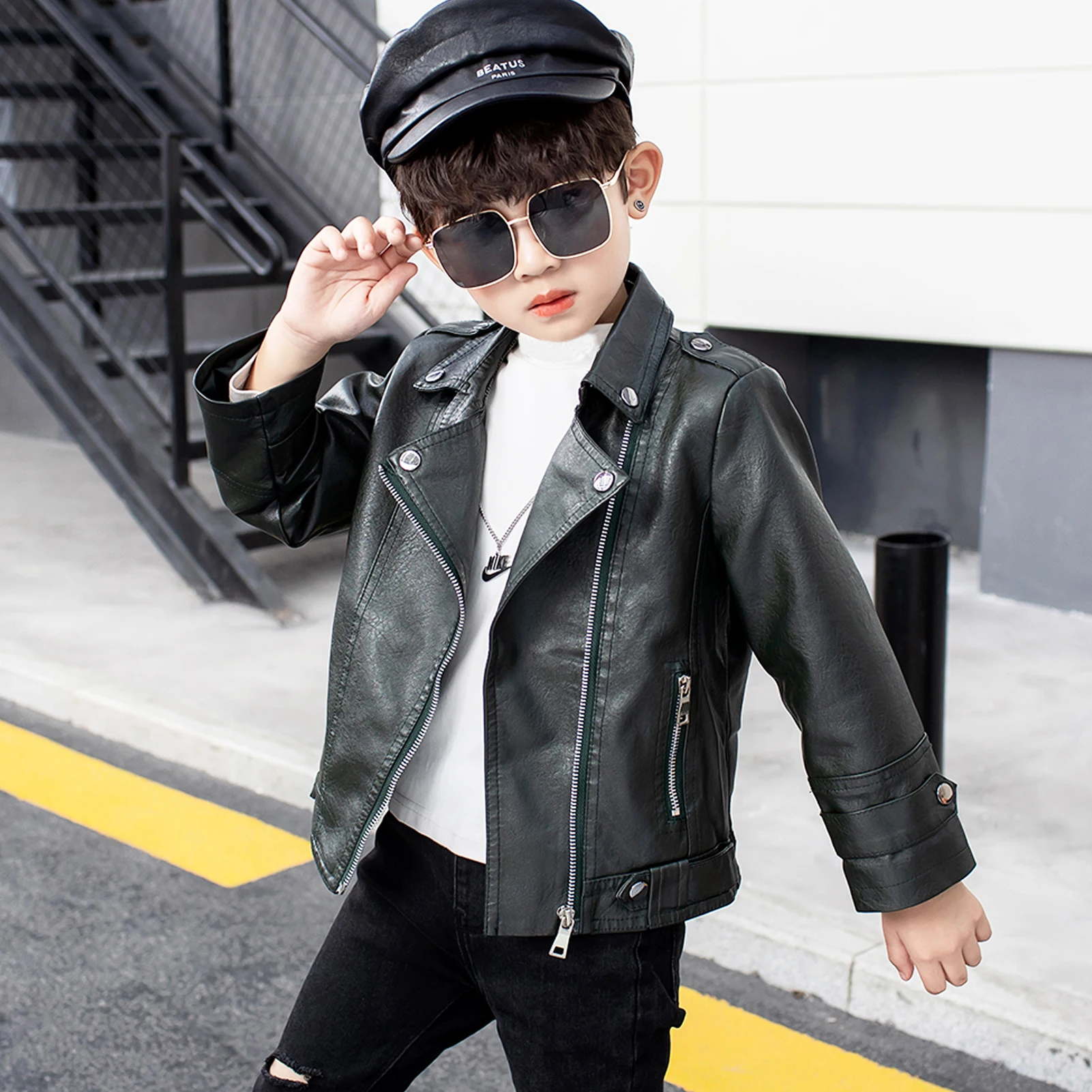 Casual Cool Children's Faux Leather Coat,Boys PU Leather Jacket,Multi-Zipper Fashsion Kids Motorcycle Biker Outerwear for Spring