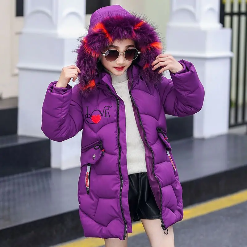 Thick Keep Warm Winter Girls Jacket Big Size Bear Hooded Knitting Sleeve Plush Outerwear For Kids Teenager Long Windbreaker Coat