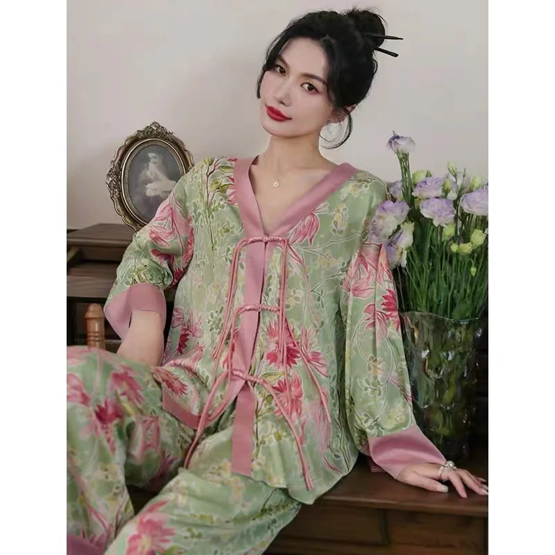 High-grade Chinese Style Button Satin Pajamas Leisure Ice Silk Home Clothes Niche Design Women Long-sleeved Trousers Sleepwear