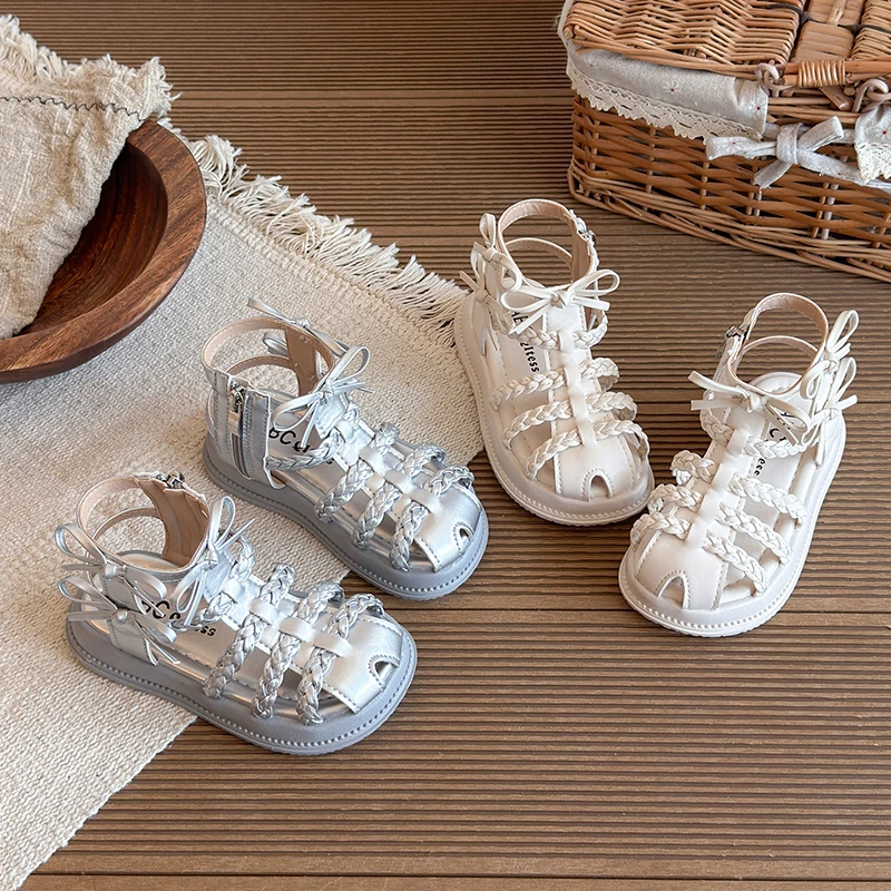 

Kids Girls Braided Closed-toe Gladiator Sandals, Soft Non-slip Sole, Adjustable Buckle, Stylish for Summer Play & Casual Wear