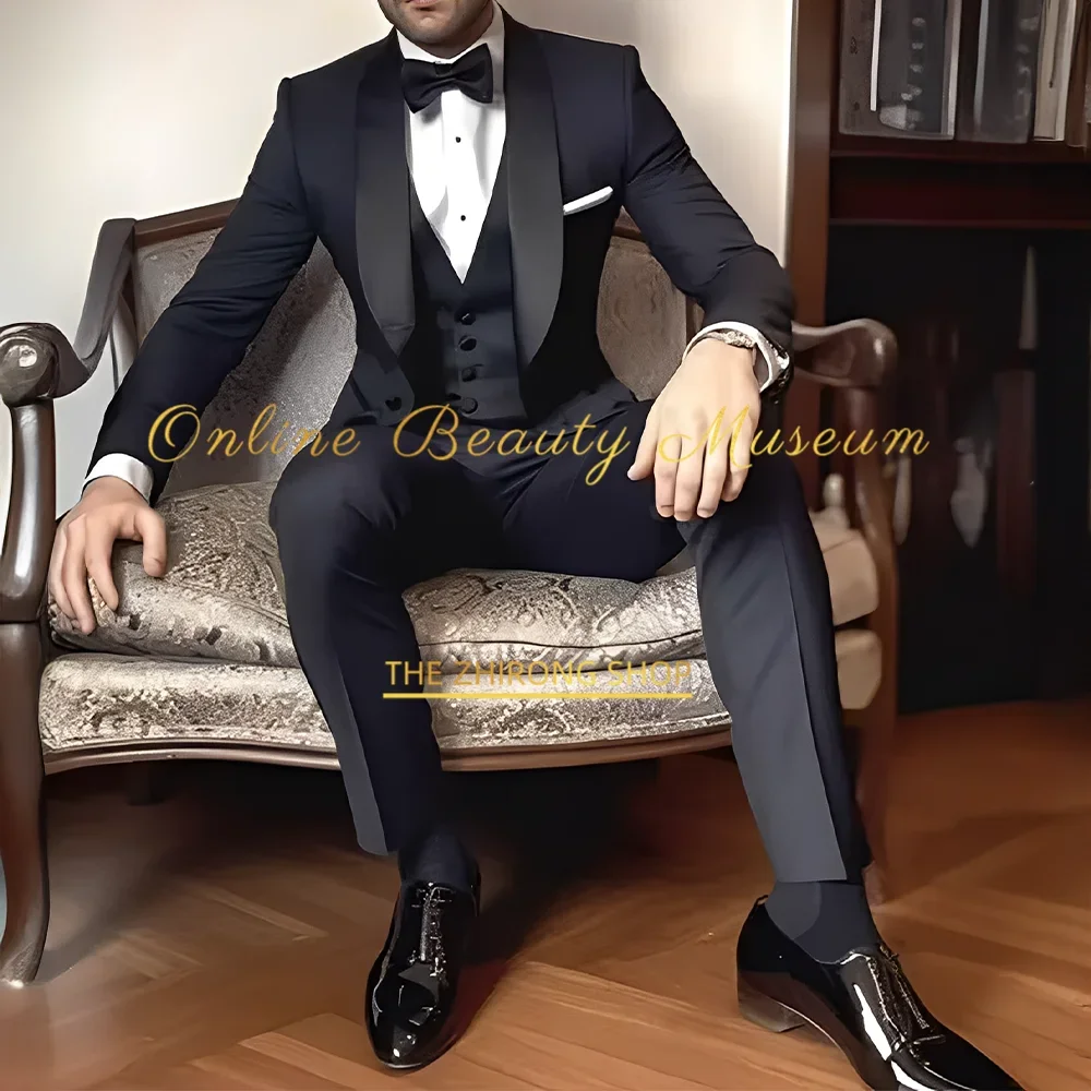 Classic Navy Blue Men's Suit 3-Piece Black Shawl Lapel Jacket Vest Pants Slim Fit Set for Wedding Cocktail Birthday Prom Party
