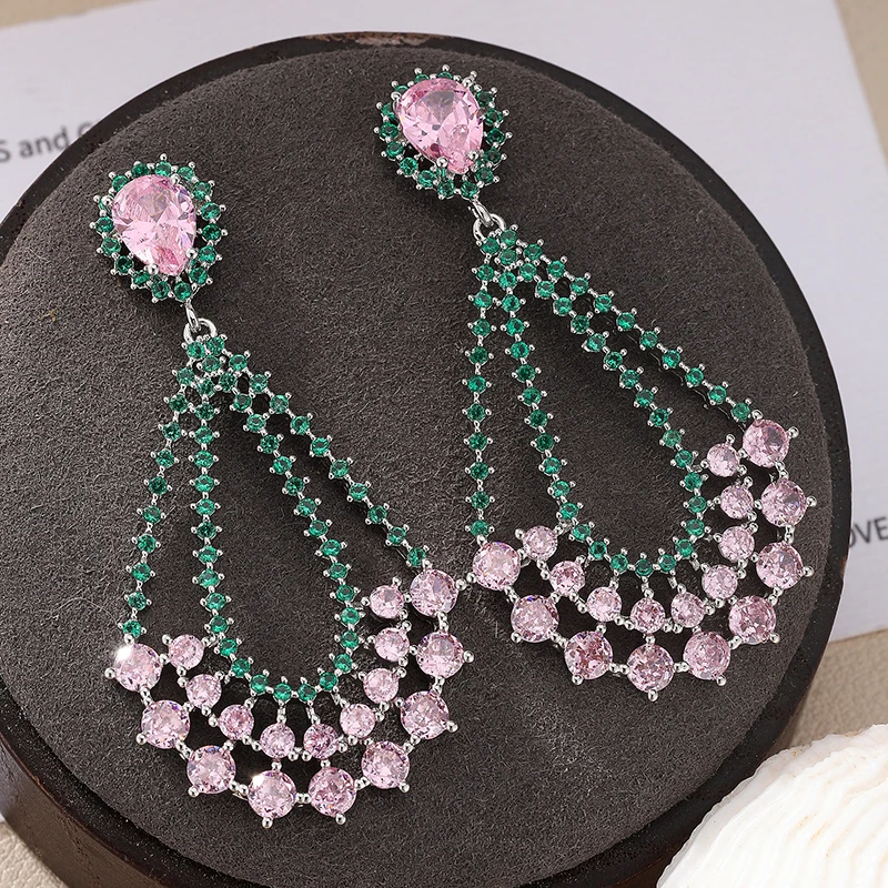 

SENYU Luxe Pink Teardrop & Emerald Green Zircon Chandelier Earrings Gold,Silver-Plated Statement Opulence Jewelry for Soirées