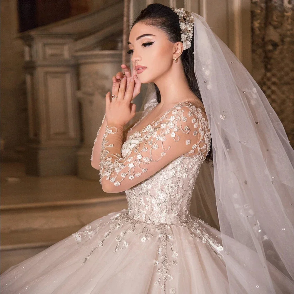 Vestido de novia de manga larga con apliques de encaje, vestido de novia de princesa, vestido de baile de cuello transparente romántico personalizado