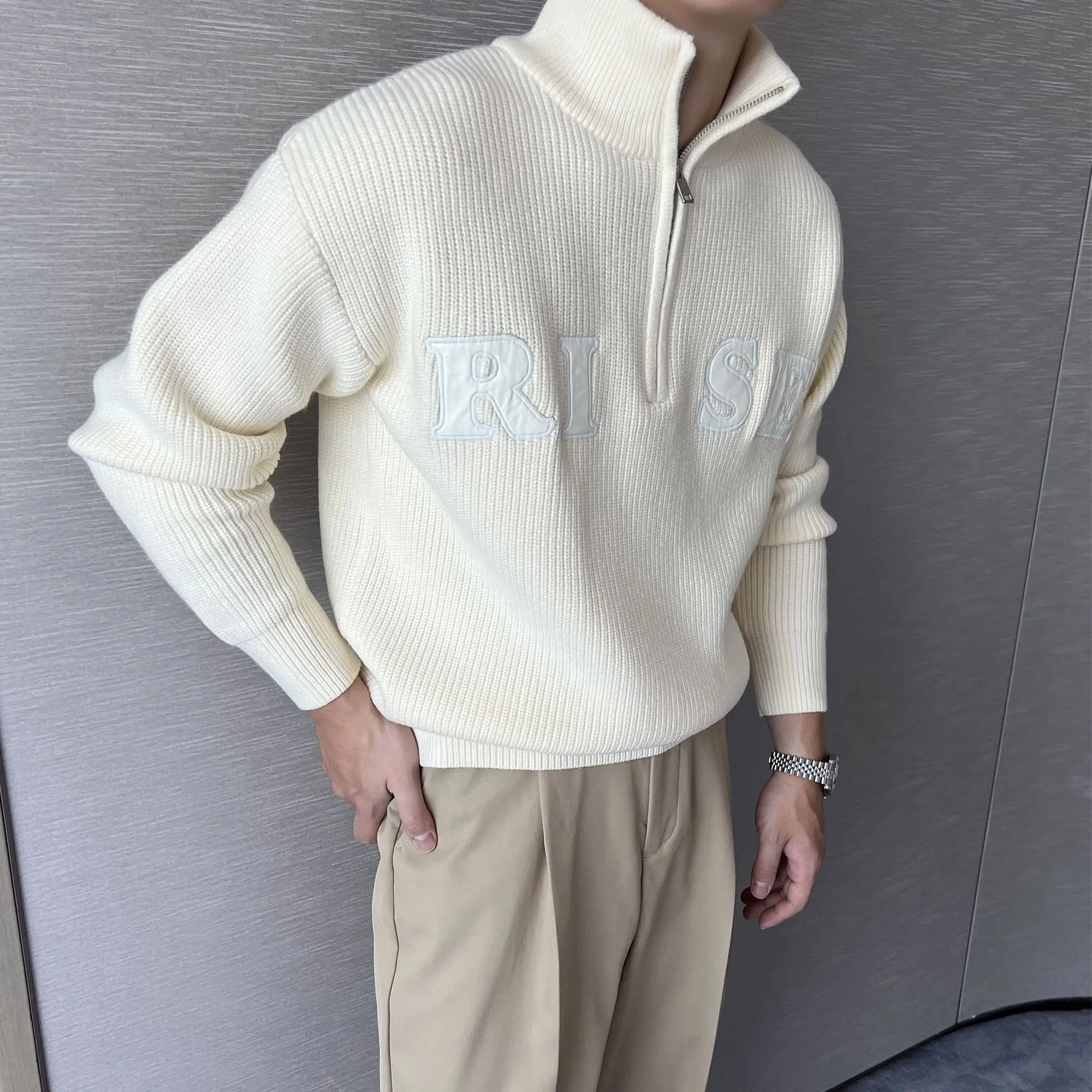 2025 Winter Warm Half Turtleneck Zipper Knitted Sweater Men Korean Fashion Embroidery Letter Logo Loose Casual Pullover Men