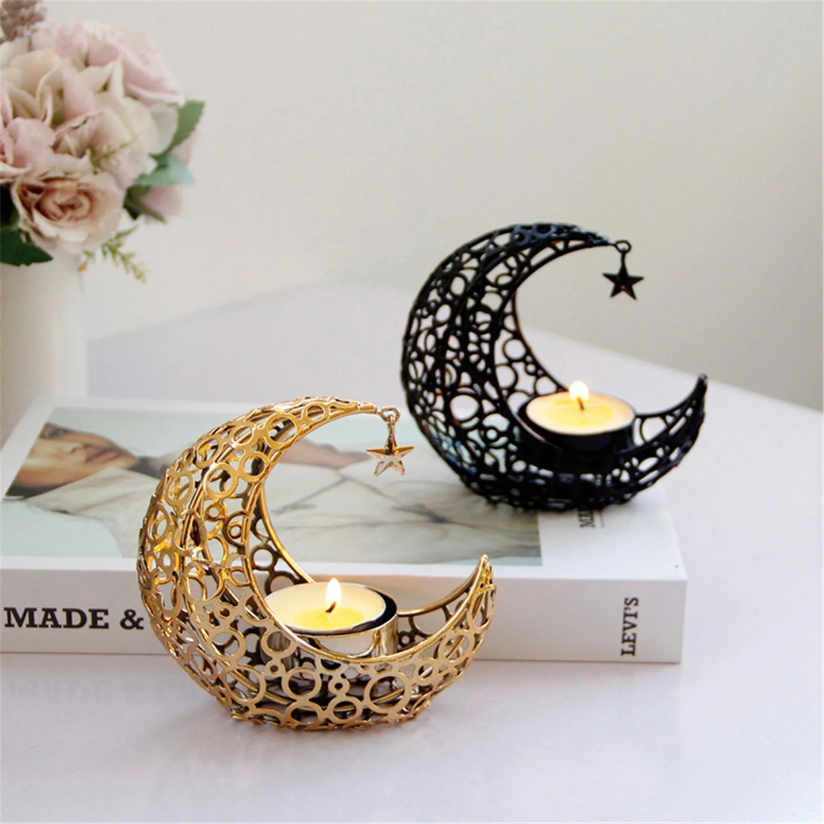 Crystal Pillar Candle Holders 3D Moon Candle Holder, Romantic Light Desktop Candle Holder,Home Decor Ornament, Exquisite Gift