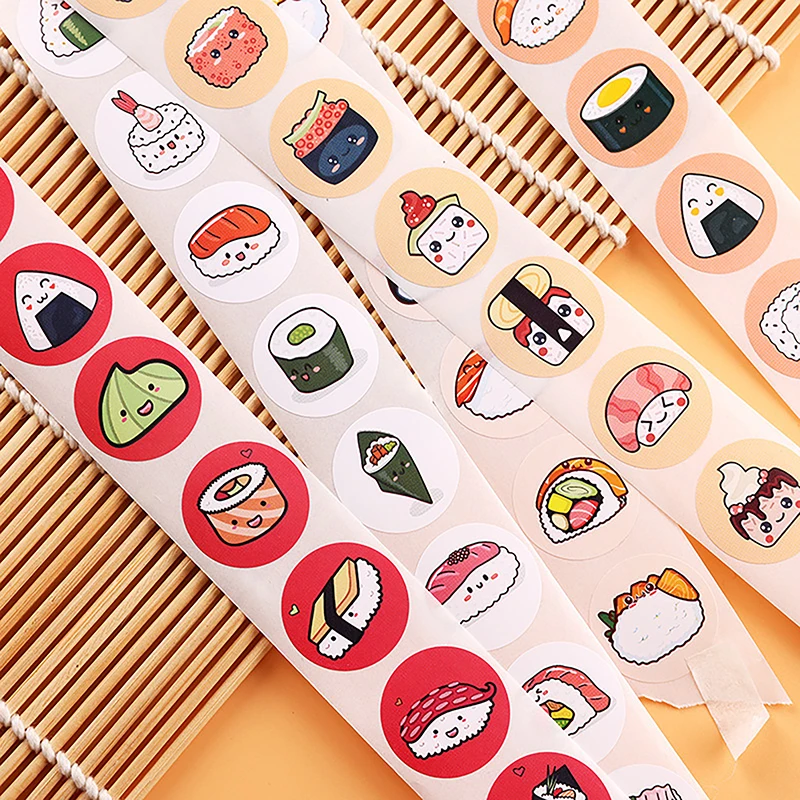 1Roll 2.5cm/1inch Circular Cartoon Sushi Pattern Sticker Birthday Wedding Decor Sticker Baked Dessert Lunch Box Label Sticker