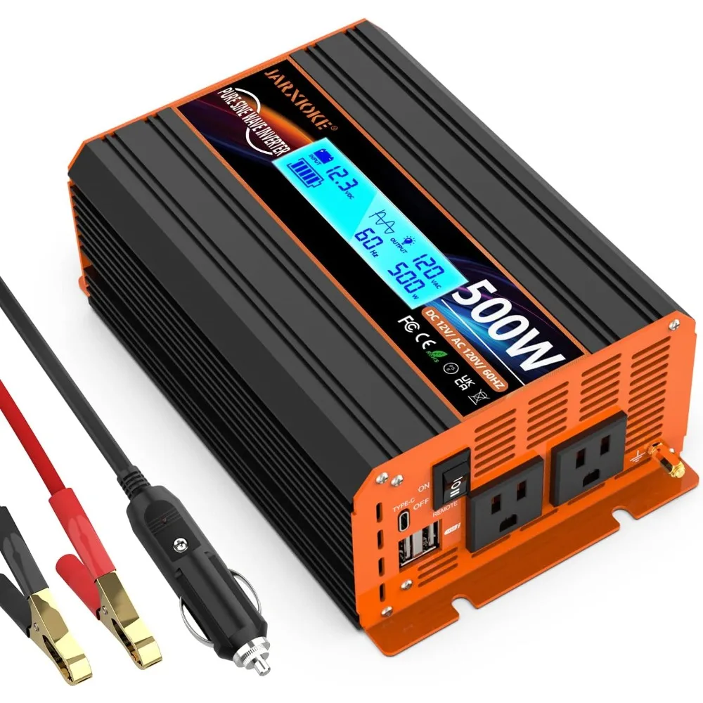 500W Pure Sine Wave Inverter Converts 12V DC to 110-120V AC for Home, RV, and Solar Systems with USB-C Port