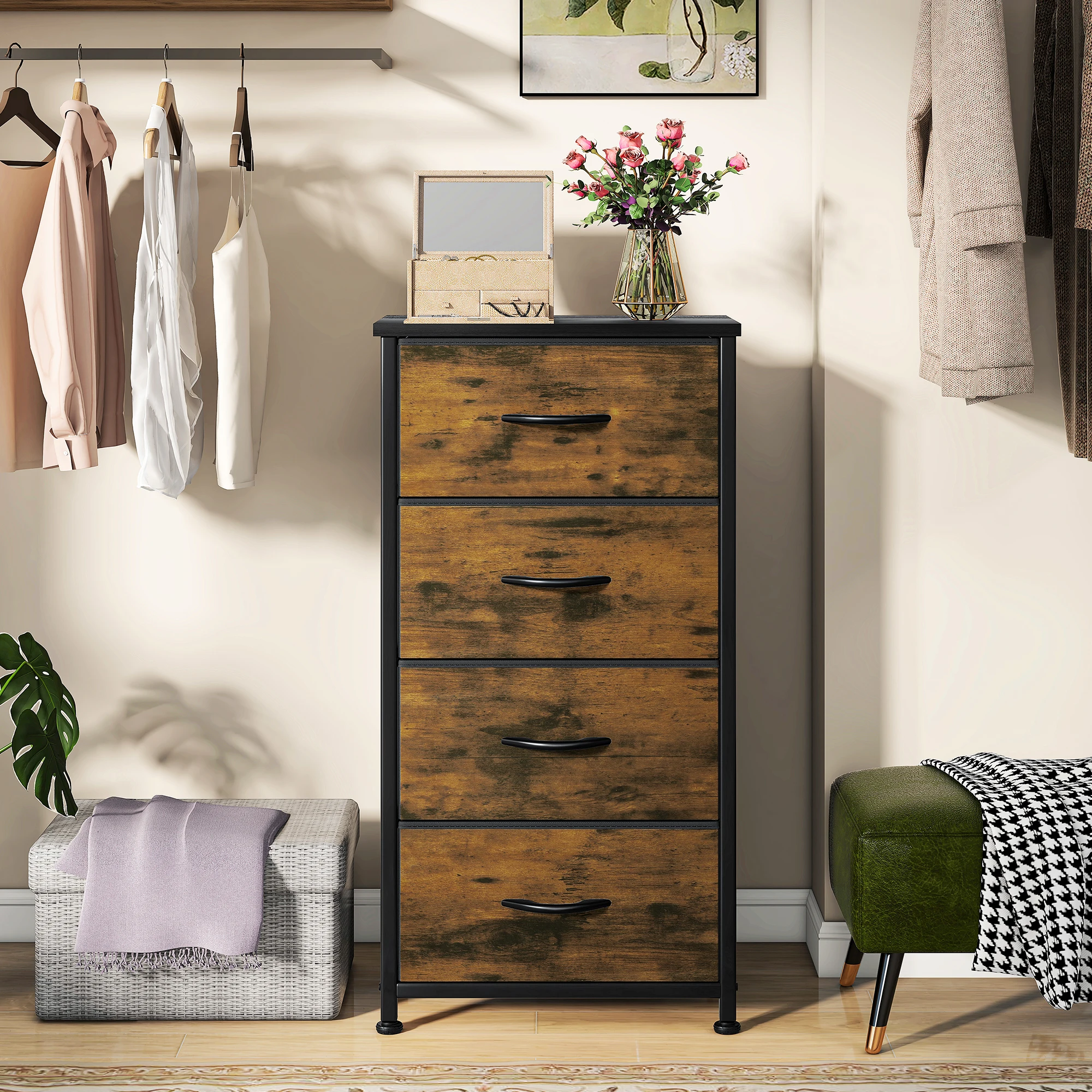 YITAHOME 4-Drawer Multi-Room Storage Dresser – Fabric with Wood Top, Ideal for Living Room/Kids Room