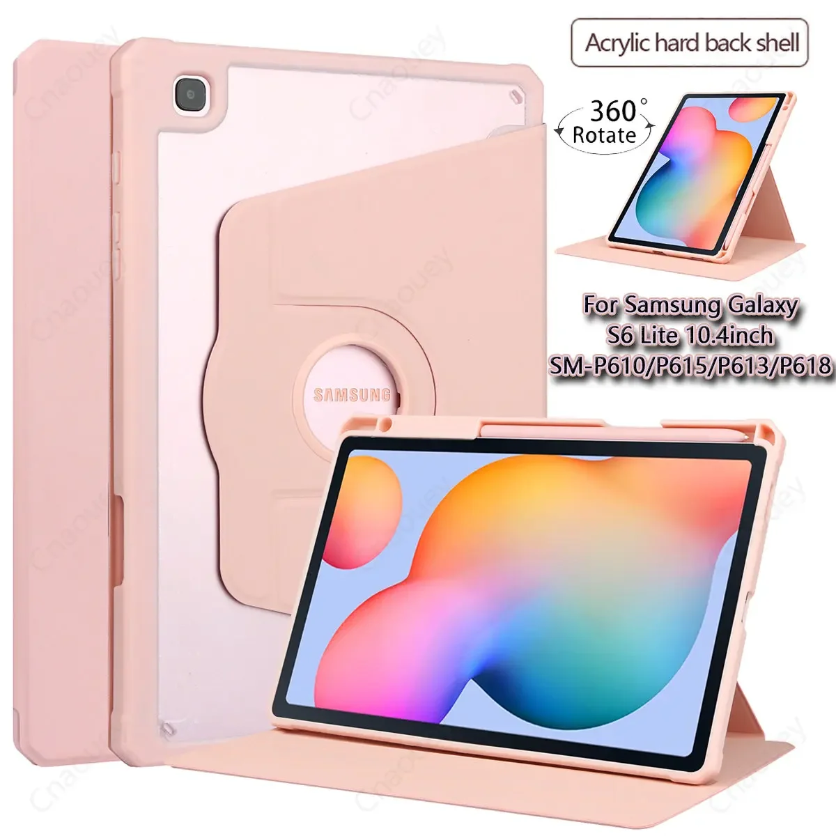 Funda Case for Samsung Galaxy Tab S6 Lite 10.4inch P610 P615 P613 P618 P619 Acrylic Rotate Stand Smart Case with Pencil Holder