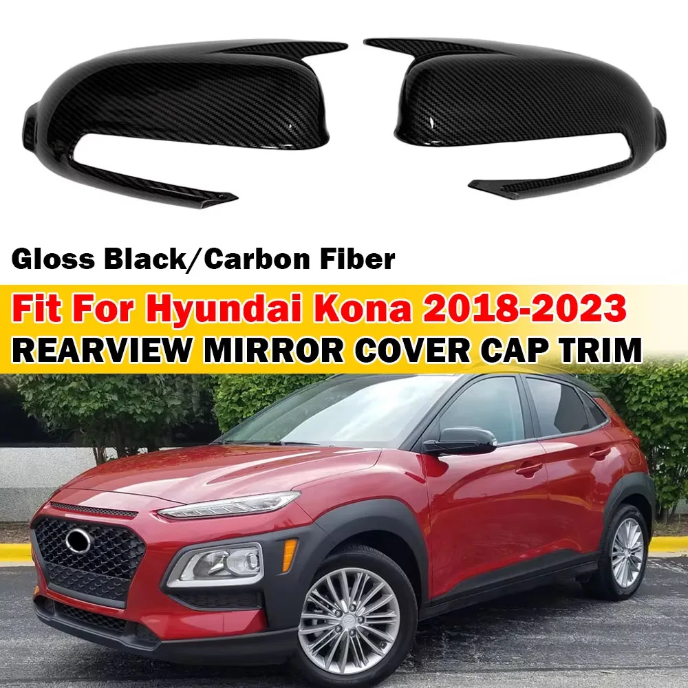 For Hyundai Kona 2018-2023 Car Sticker Rearview Side Mirror Cover Wing Cap Exterior Door Rear View Case Trim Carbon Look Black