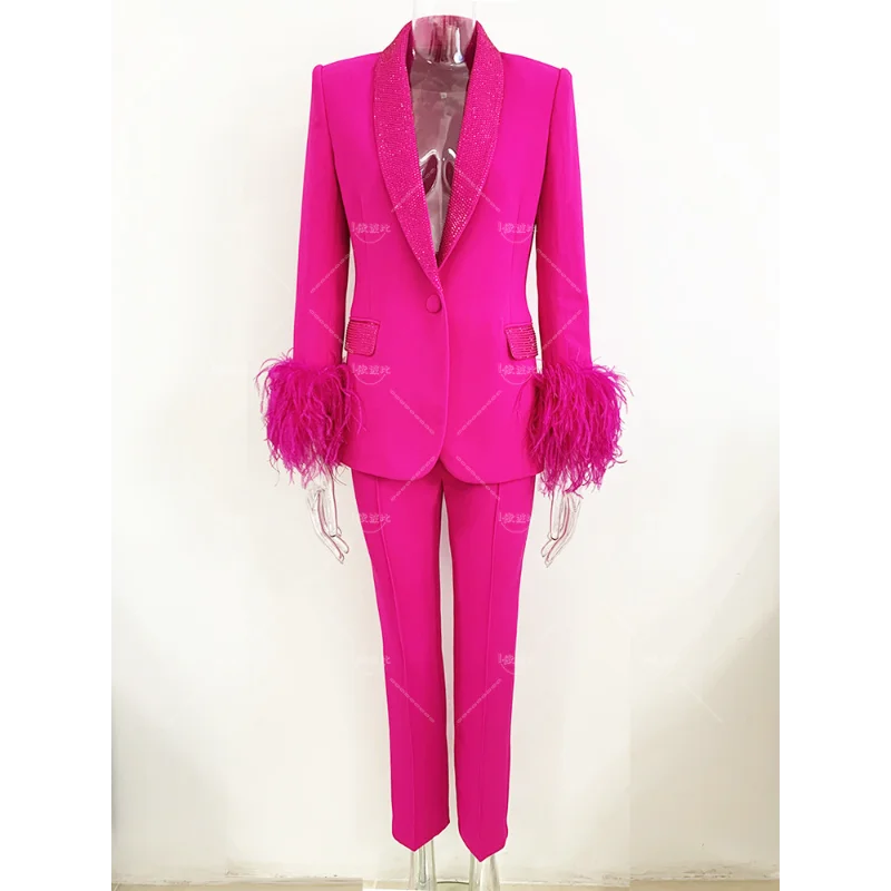 Hot Pink Pant Suits Ostrich Feather 2024 Fashionable Luxury Real Feather Embellished Diamond Shawl Collar Suit Jacket Set