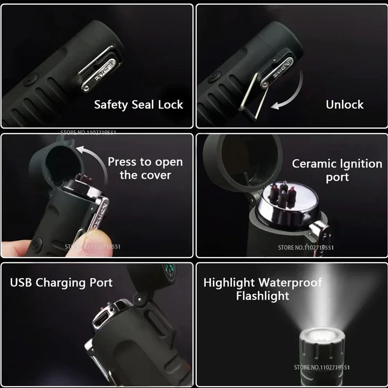 ولاعة بلازما مزدوجة القوس قابلة لإعادة الشحن عبر USB ولاعة مصباح يدوي خارجي مع بوصلة لمجموعة الحبال في حالات الطوارئ والمغامرة والبقاء على قيد الحياة #3