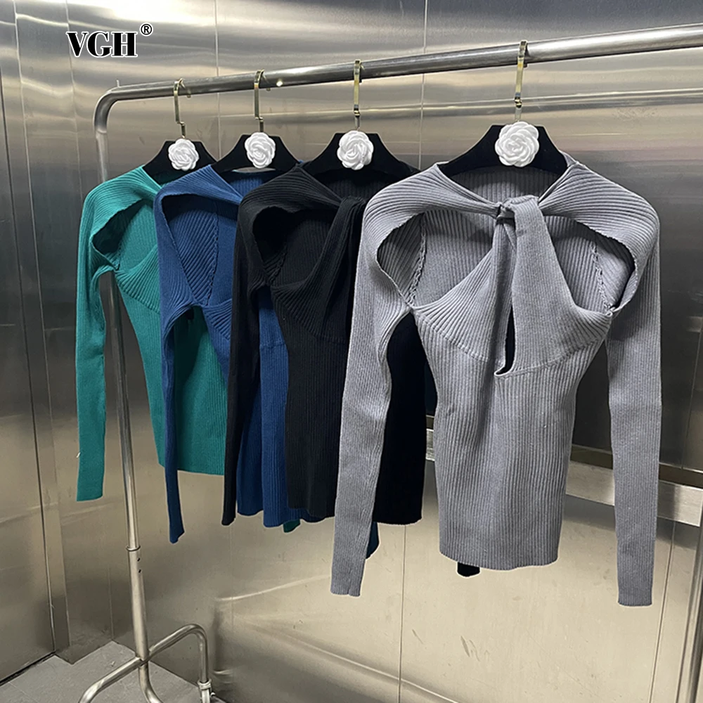 VGH Sexy Crisscross Hollow Out Knitting Sweaters For Women Round Neck Long Sleeve Minimalist Slimming Pullover Sweater Female