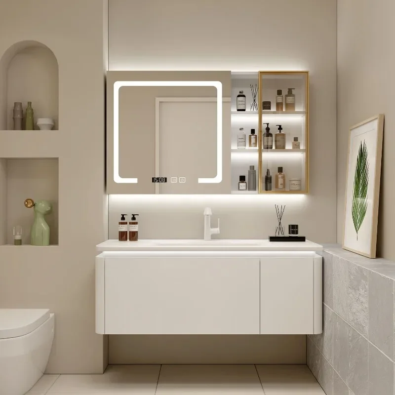 Luxury smart cream wind skin feeling one basin bathroom cabinet mirror cabinet combination bathroom online celebrity faucet wash