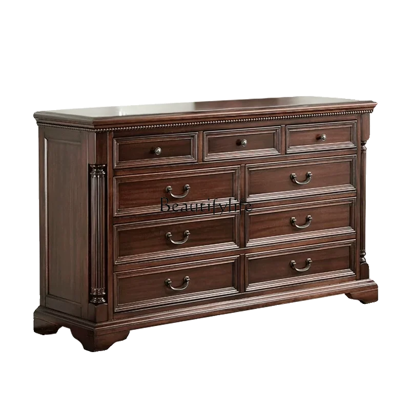 

American solid wood retro nine-chest cabinet against the wall, bedroom drawer, multi-layer storage cabinet