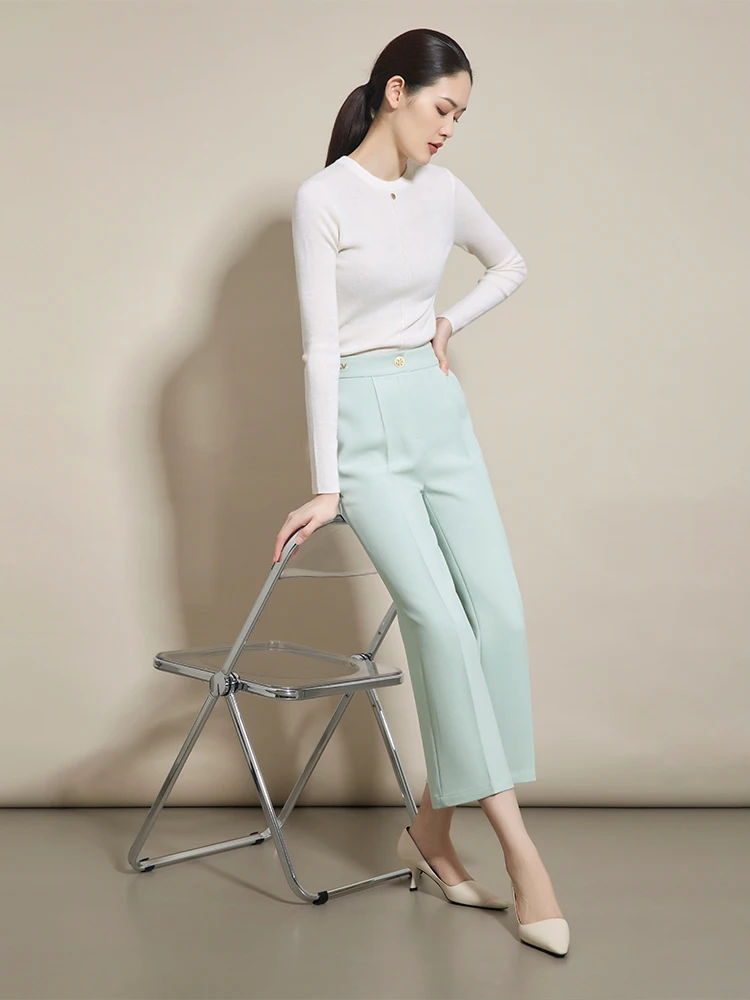 

CVANEA High Waist Straight Leg Acetate Casual Nine-Piece Pants Women's Commute Simple Sle ket Decoration Polyester Fiber